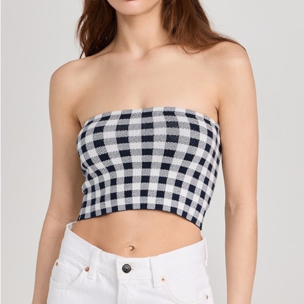 KULE Gingham Knit Strapless Tube Top | Navy & White | Size M
